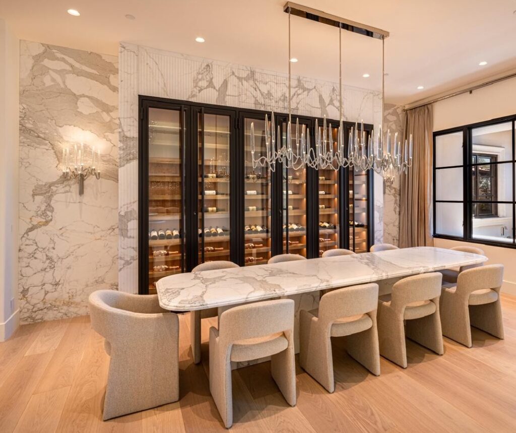calacatta borghini wine cellar and dining table