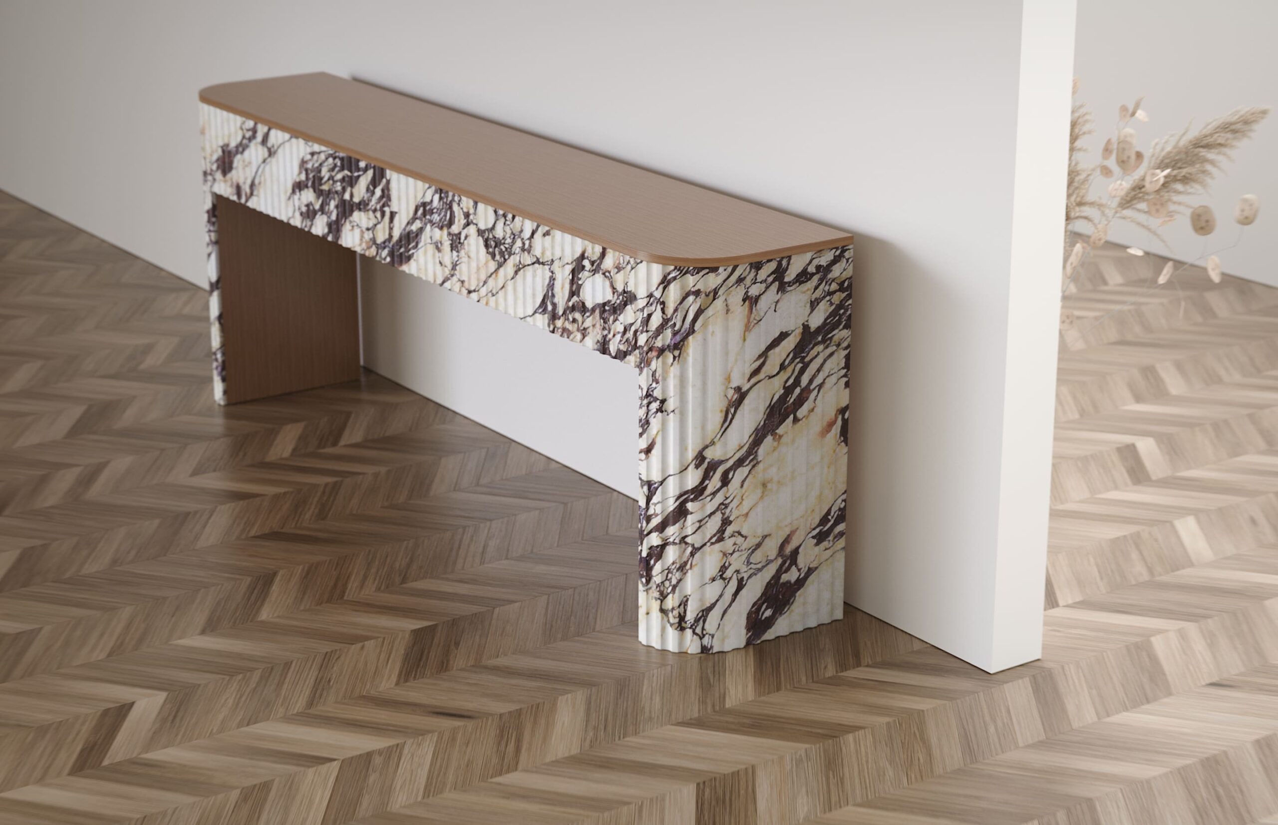 trama console calacatta viola marble oak wood